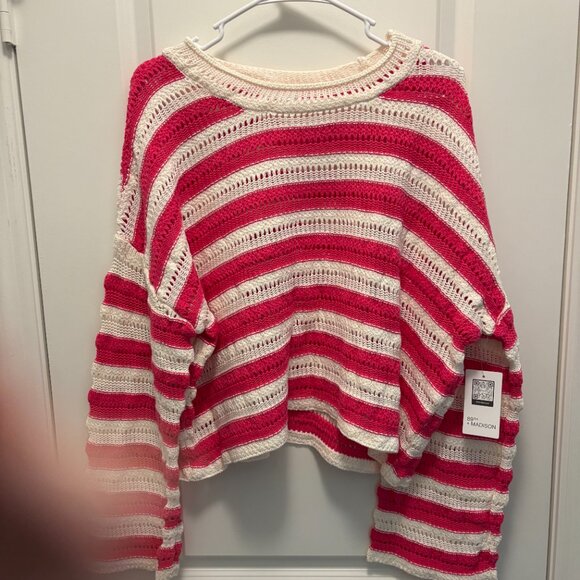 89th & Madison Stripe Pointelle Stitch Pullover Raspberry Sorbet Size Large NWT - Picture 2 of 7